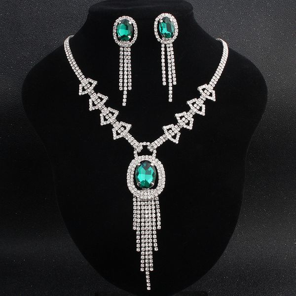 

dubai classic jewelry set charm bridal party pendant green crystal necklace earrings green wedding jewelry sets for bride, Black