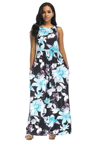 

elegant loose print women dress sleeveless o neck autumn women dresses club long vestidos, Black;gray