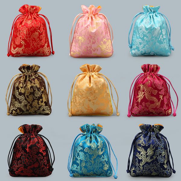 Chinese Dragon Silk Brocade Pouch favor de partido Bags pequeno cordão de Natal Bolsa de doces do presente saco de jóias Embalagem Sacos com 10pcs alinhados