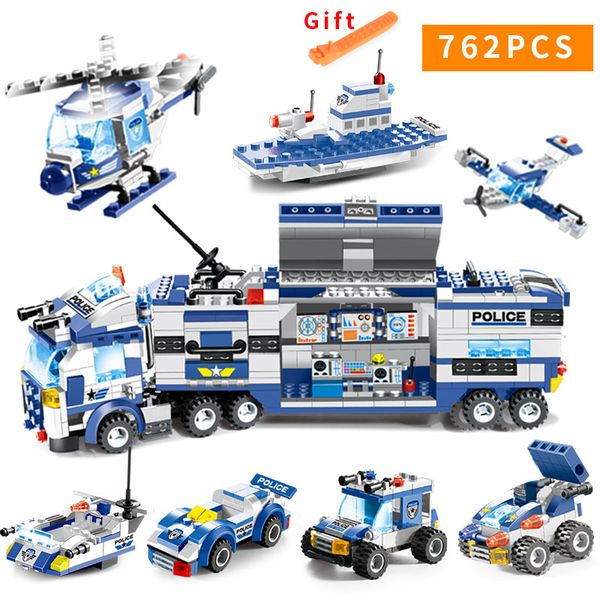 

762pcs city police series swat 8 in 1 city police truck station compatible legoes building blocks small bricks toy for childrenmx190820