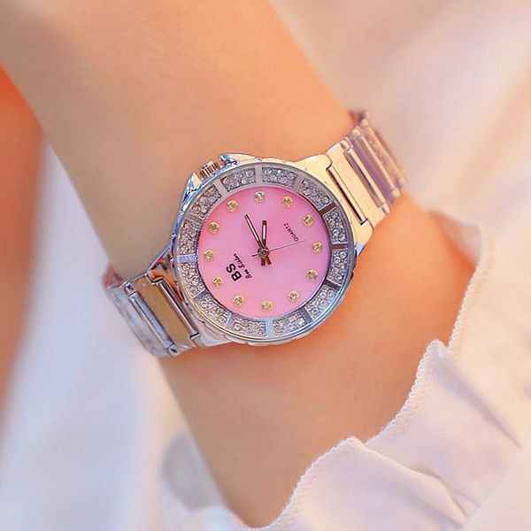 

new digital rhinestone dial metal strap silver strap pink dial blue female watch fashion & casual chronograph, Slivery;brown