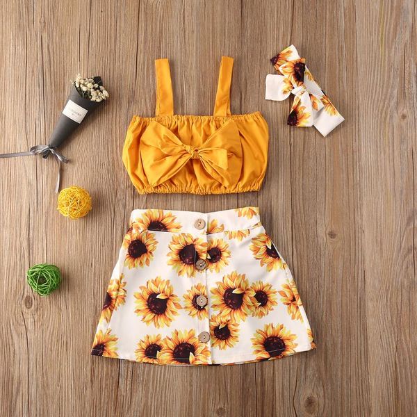 

baby girls sunflower clothes 3pcs kids t-shirt sleeveless floral skirts outfits set 1-5years, White