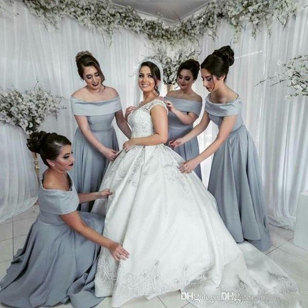 

серебристо-серый длинные платья невесты с плеча атласная длиной до пола свадебное платье простой формальные платья фрейлина плюс размер, White;pink