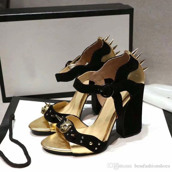 

summer women gladiator open toe chunky sandals 2018ss studs female genuine leather high heeled rivets sandals ladies roman martin sandals, Black