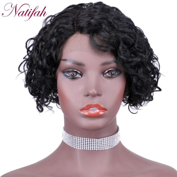 

natifah 8 дюймов короткие кружевные парики черный цвет синтетические волосы прямые волосы с предварительно выщипанной боковой частью для жен, Black