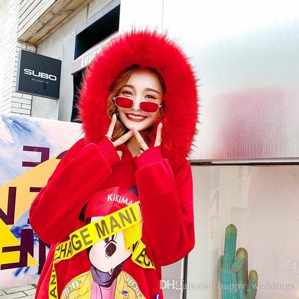 

red big fur hooded sweatshirt women hoodie fashion brand cool version street pull hip hop cartoon hoodie women, Black