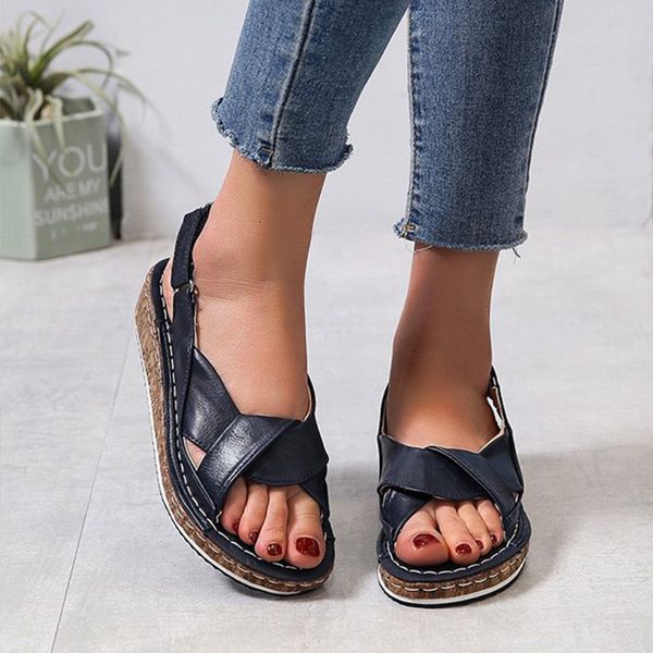 

women summer sandals 2020 woman sewing peep toe leather comfortable platform ladies wedges footwear female beach shoes plus size t200529, Black