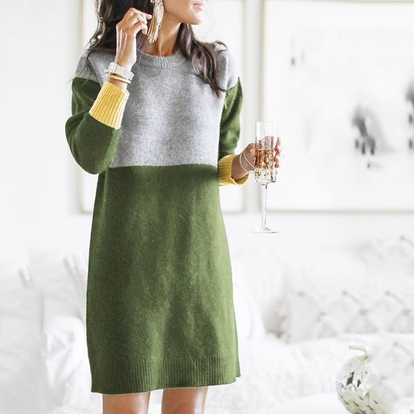 

women autumn winter dress o-neck loose stitching color pullover sweater dress casual straight dresses elegant vestidos mujer, Black;gray