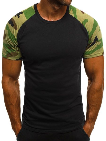 

men's new 2019 spring summer short sleeve casual sports t-shirt thin slim cotton patchwork camouflage round neck t shirt, White;black