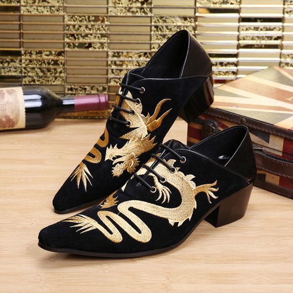 

chinese style dragon embroidery oxford shoes for men suede leather pointed toe derby shoes party lace up formal shoes men brogue, Black