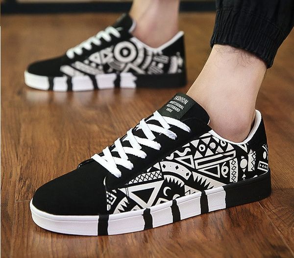 

new men casual canvas shoes fashion print sneakers summer trainers leisure shoes men's flats slip chaussures pour hommes, Black