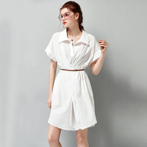 

2020 european and american summer women's shirt dress lapel dress a-line skirt to send belt, Black;gray
