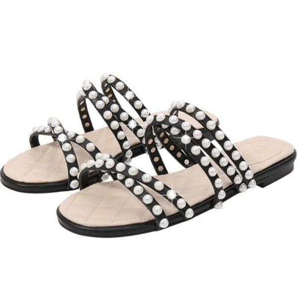 

2020 new fashion pearl flat slippers women slides summer outdoor flip flops beach shoes soft bottom woman slip on sandals sh361, Black