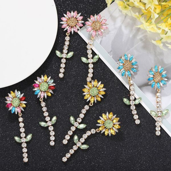 

bohemia sunflower tassel dangle earrings women shiny crystal flower drop earring, Silver