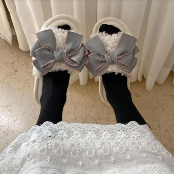 

fur slides furry slippers for women bow knot fluffy sliders curly hair fluffy sandals four seasons shoes cozy cute house slipper, Black
