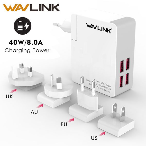 

wavlink universal 2/4 port traveler usb charger adapter 40w dc 5v 8a with portable replaceable eu/us/au/uk plug for mobile phone