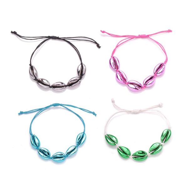 

cowrie seashell waxed string adjustable bracelet women men green blue pink grey conch shells slipknot summer beach jewelry gift, Golden;silver