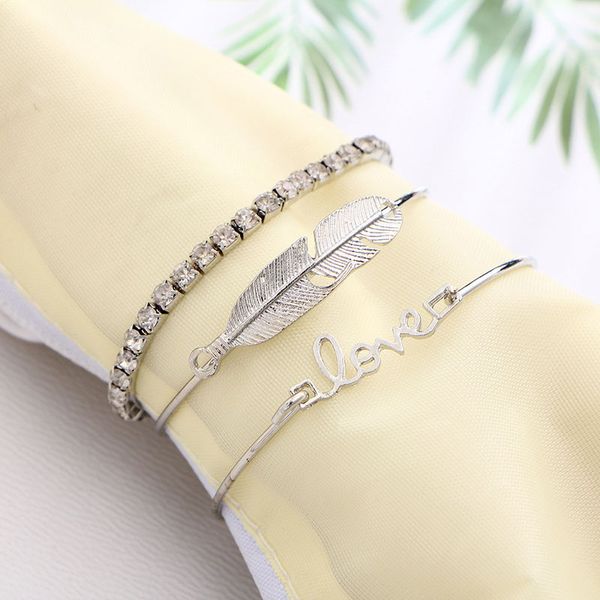 

3pcs/set love letter cute feather shaped bangle set elasticity charm bracelet party wedding women jewelry, Black