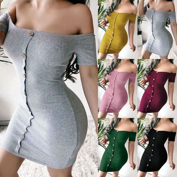 

womens knitted off shoulder bodycon dress slim fit buttons mini pencil dresses, Black;gray