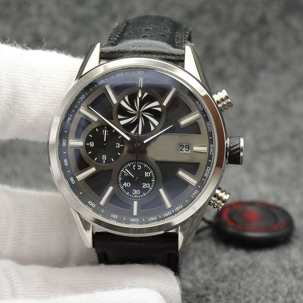 

great outdoor 44mm quartz chronograph mens watches man watch wristwatches black dial with black minute markers around the outer rim, Slivery;brown