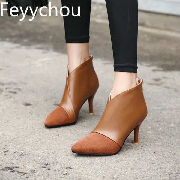 

women's boots autumn winter high heel pu pointed toe ankle zip patchwork shoes 2019 new fashion casual black brown