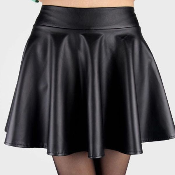 

women faux leather skirt high waist skater flare mini pleated skirt above knee, Black
