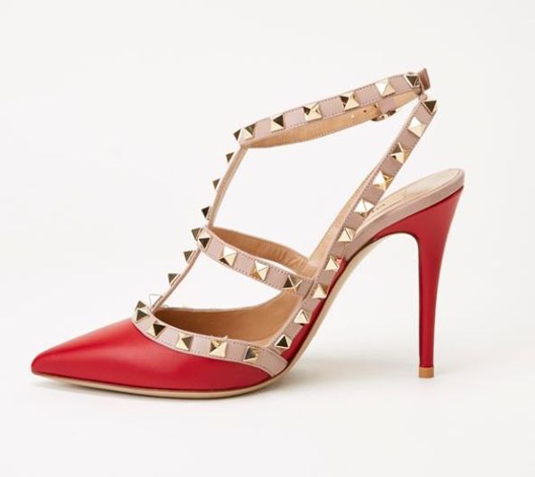 

with box multi colors fashion rivets designer pumps red pointed toe stiletto heel dress shoes bridal wedding shoes size 34 to 42 tradingbear, Black