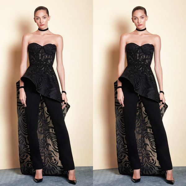 Tony Ward preto Prom Vestidos Mulheres Macacão Com Long Train Lace Beads Querida Elegante Evening Vestidos Custom Made Vestido Formal