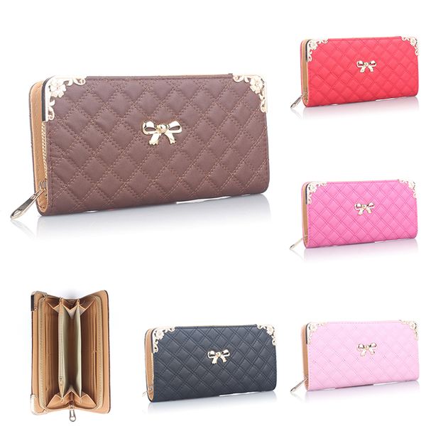 

new women bowknot pu leather zipper wallet purses card holder coin pouchespocket girls handbag long clutches organizer wallets, Red;black