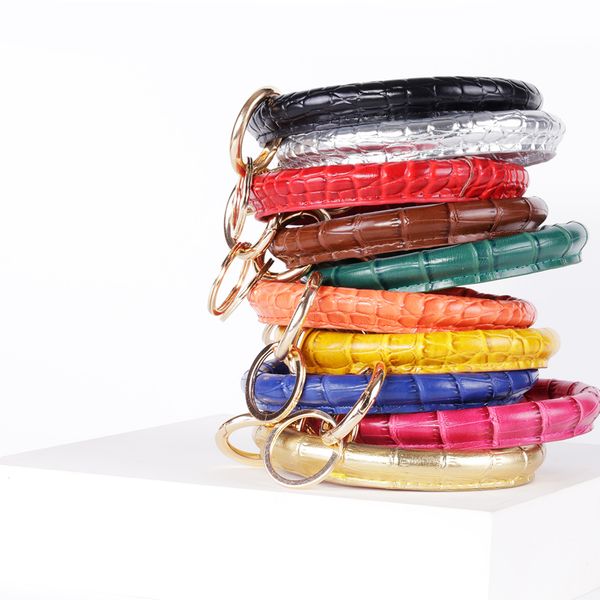 

new fashion crocodile pattern snake leather key ring bracelet circle wristlet key chain for women girls daily accessories, Silver