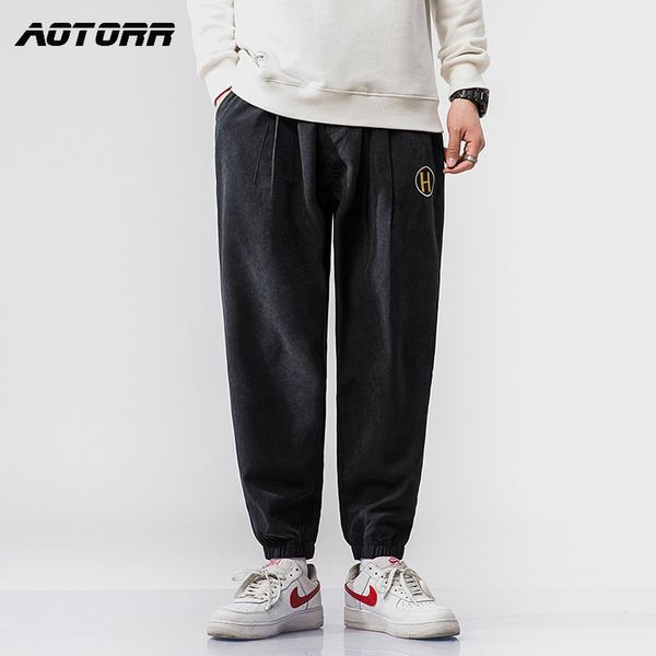 

2020 cargo pants men embroidery japan style men's street hip hop sweatpants elastic waist jogger trousers new street trend pants, Black
