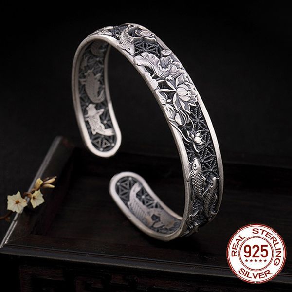 

guaranteed s999 sterling silver bangles carved fish and lotus hollow design cuff bracelets bangle for women jewelry gifts, Black