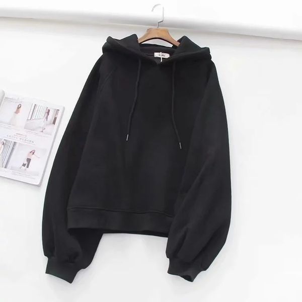 

08113 women's dress new products korean-style airplane sleeve plus velvet solid color hoodie, Black
