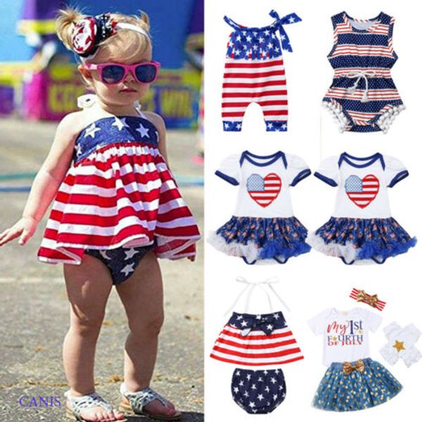 

toddler baby clothes 2019 brand infant baby girl 4th july sleeveless lace up romper outfit casual striped cotton clothing, White