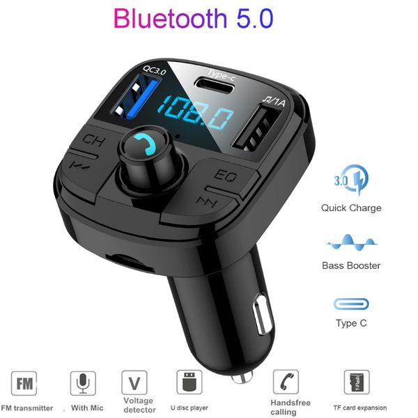

handsbluetooth car kit one-key control wireless bluetooth fm transmitter lcd mp3 player qc3.0 usb charger type-c hands free