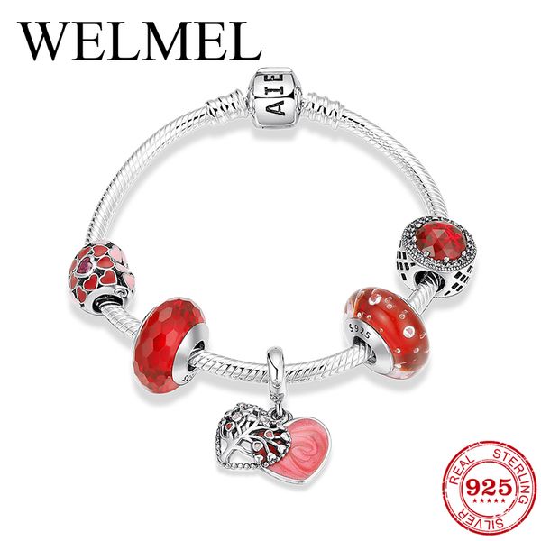 

authentic 100% 925 sterling silver red cz crystal bead snake chain bracelet & bangle charm life tree enamel pendant fine jewelry, Golden;silver