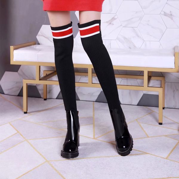 

over the knee boots female 2019 autumn new leather elastic knit long boots round head thin color matching wool boots