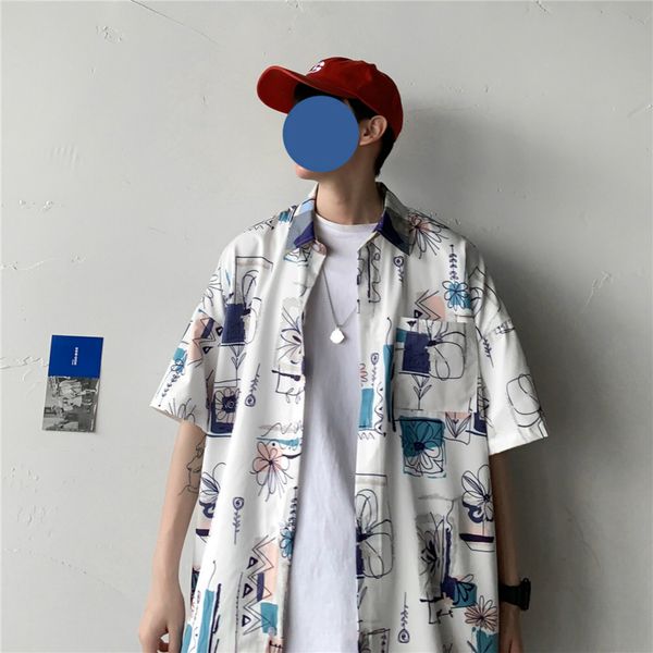 

men shirt short sleeve day shirt hawaiian beach short sleeve floral loose plus-size couple japanese streetwear, White;black