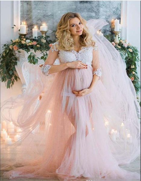 

2020 blush pink maternity a line wedding dresses tulle white lace applique front slit sweep train 3 4 long sleeves pregnant wedding gown
