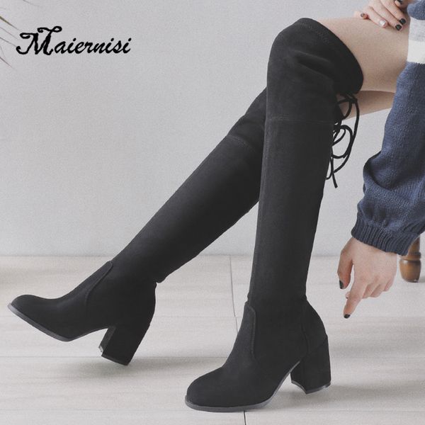 

maiernisi woman over the knee boot flock stretch long boot thick high heel platform shoes lady high heels big size 34-43, Black