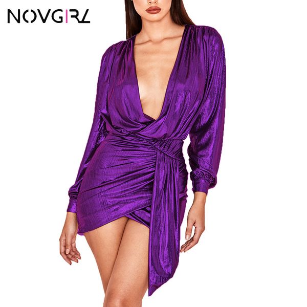 

19ss deep v neck sashes bandage bodycon dress women gold bronzing wrap dress ruched robe club party bling vestidos, Black;gray