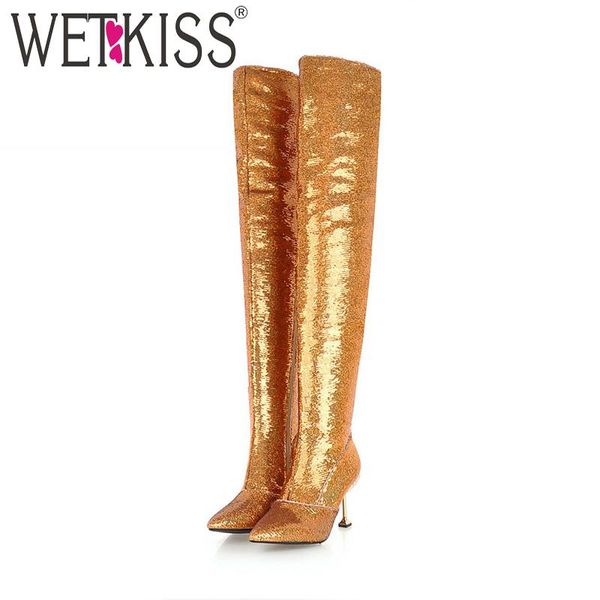 

wetkiss over the knee women high heeled boots crystal bling footwear pointed toe party lady shoes new female boots 2018 black