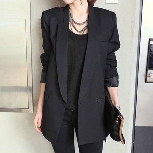 

2019 solid long style black women jacket and blazer female notched collar asymmetrical chic ladies blazers feminino, White;black