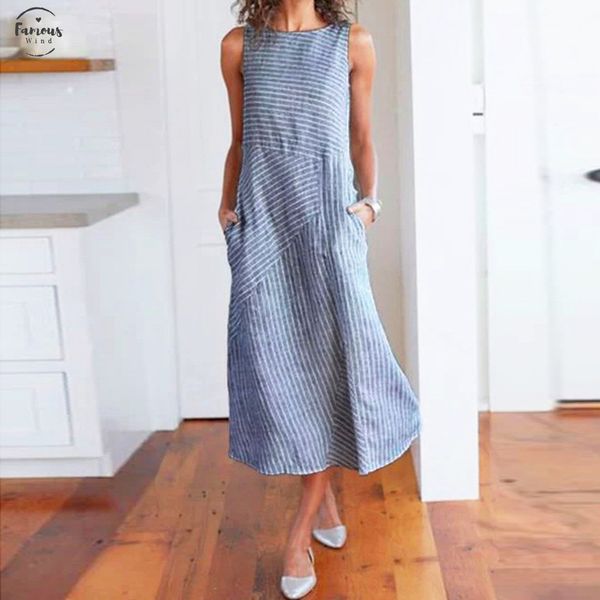 

women summer dress casual striped sleeveless dress crew neck linen pocket long crew neck dresses fashion summer beach dress 2020 vestidos, Black;gray