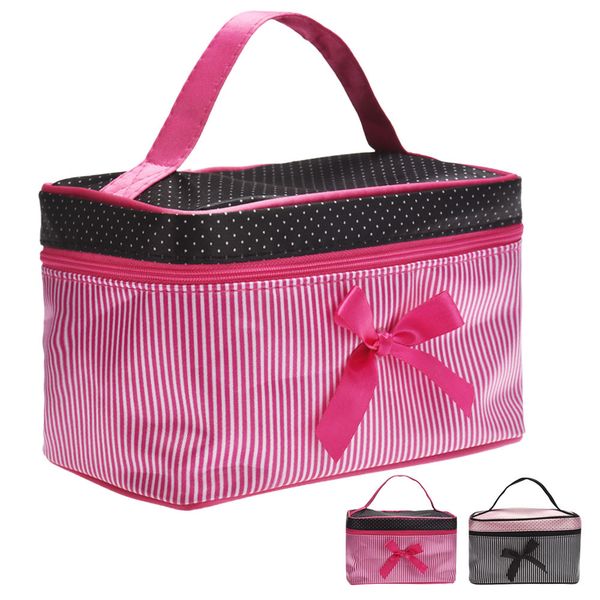 

cosmetic bag square bow makeup organizer dots printing stripe satin travel wash storage bag sac a main #0, Blue;pink