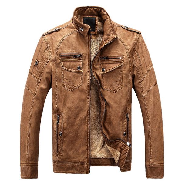 

2019 luxury leather jackets men autumn fleece zipper chaqueta cuero hombre pockets moto jaqueta masculino couro slim warm coat, Black