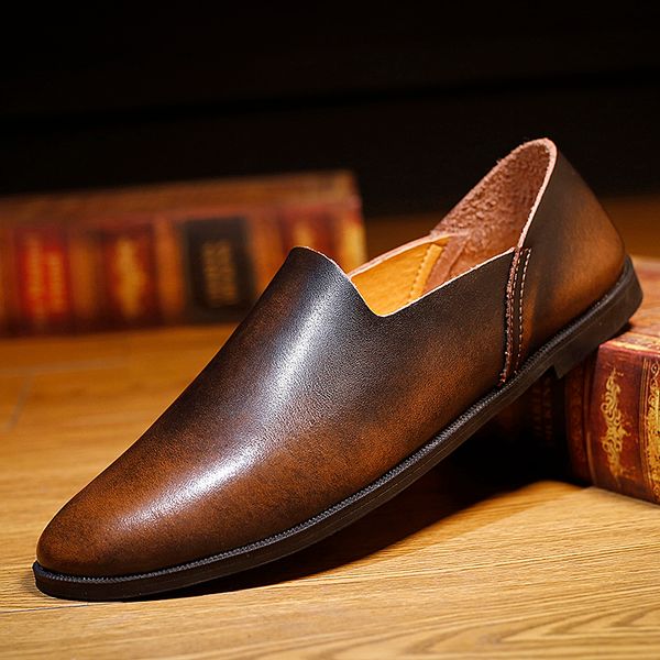 

loafer shoes men breathable genuine leather office formal wedding party slip on design vintage casual shoes men, Black