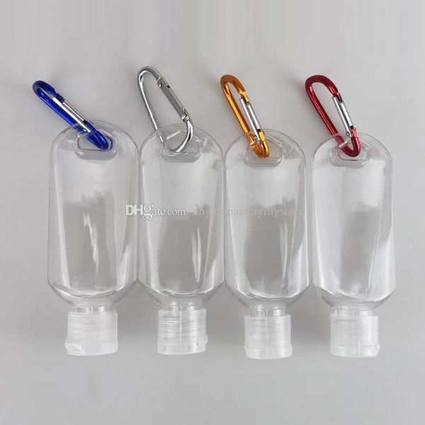 

in stock 50ml empty alcohol refillable bottle with carabiner keyrings portable clear plastic hand sanitizer bottles container