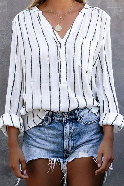 

long sleeve v neck ladies shirts fashion female single breasted blouses with pocket striped print designer womens clothing, White