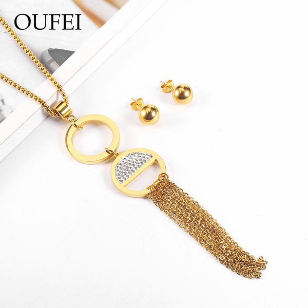 

oufei stainless steel rose gold woman crystal necklace earrings set long tassel necklace round earring woman set 2019 wholesale, Silver
